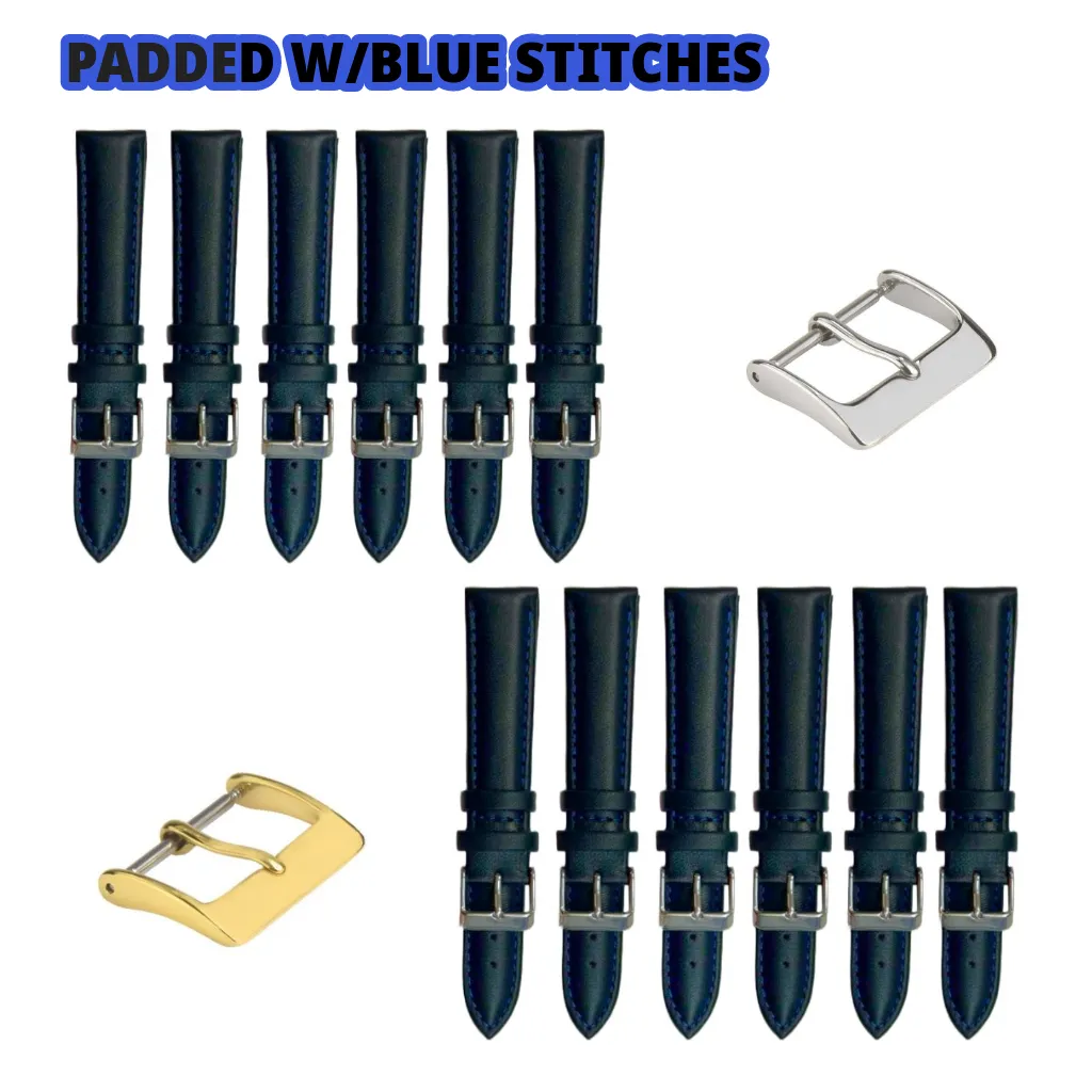12PCS Black Leather Watch Band Sizes 8MM-24MM Padded w/BLUE Stitches