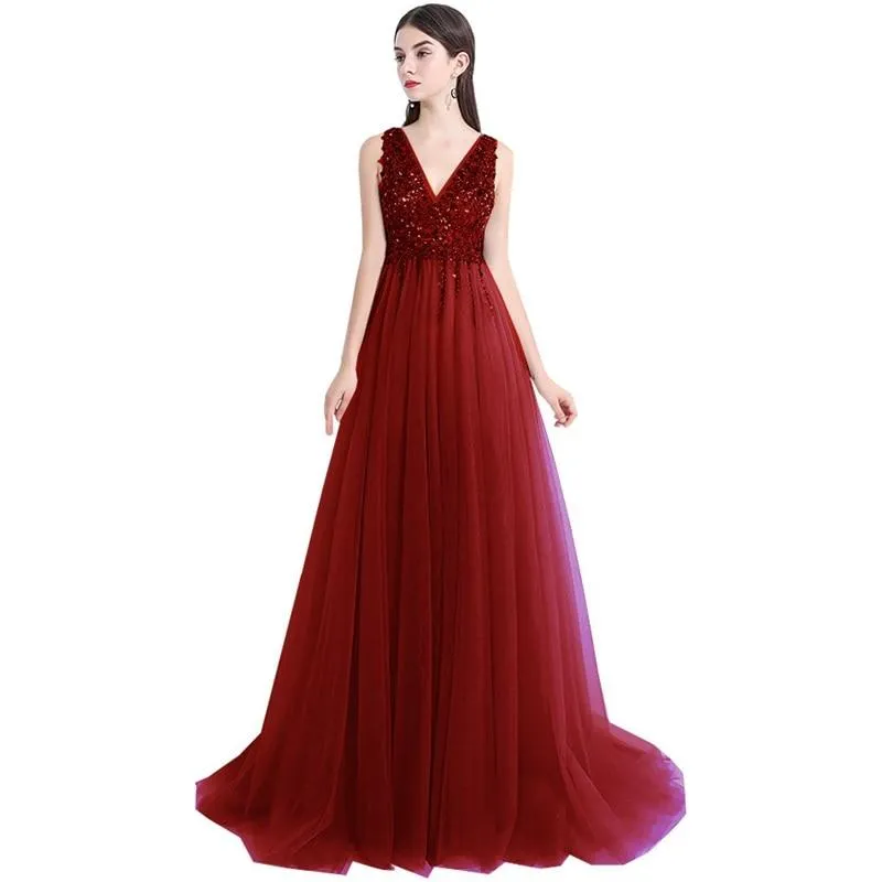 2024 New A-Line V-Neck Grey Tulle Beaded Long Sleeveless Backless Prom Dresses with Split JS884