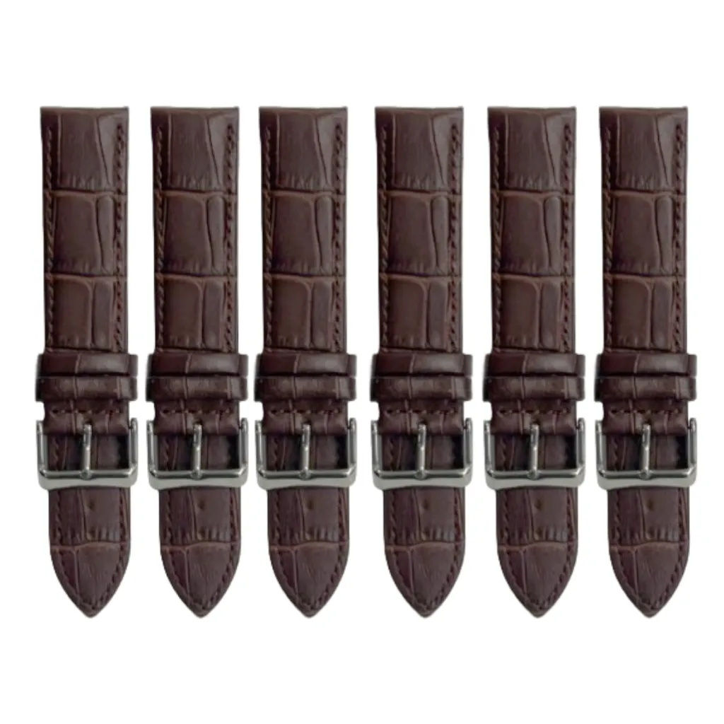 6PCS Alligator Grain Dark Brown Leather Watch Band (12MM-30MM   XXL Sizes) Padded w/Brown Stitches