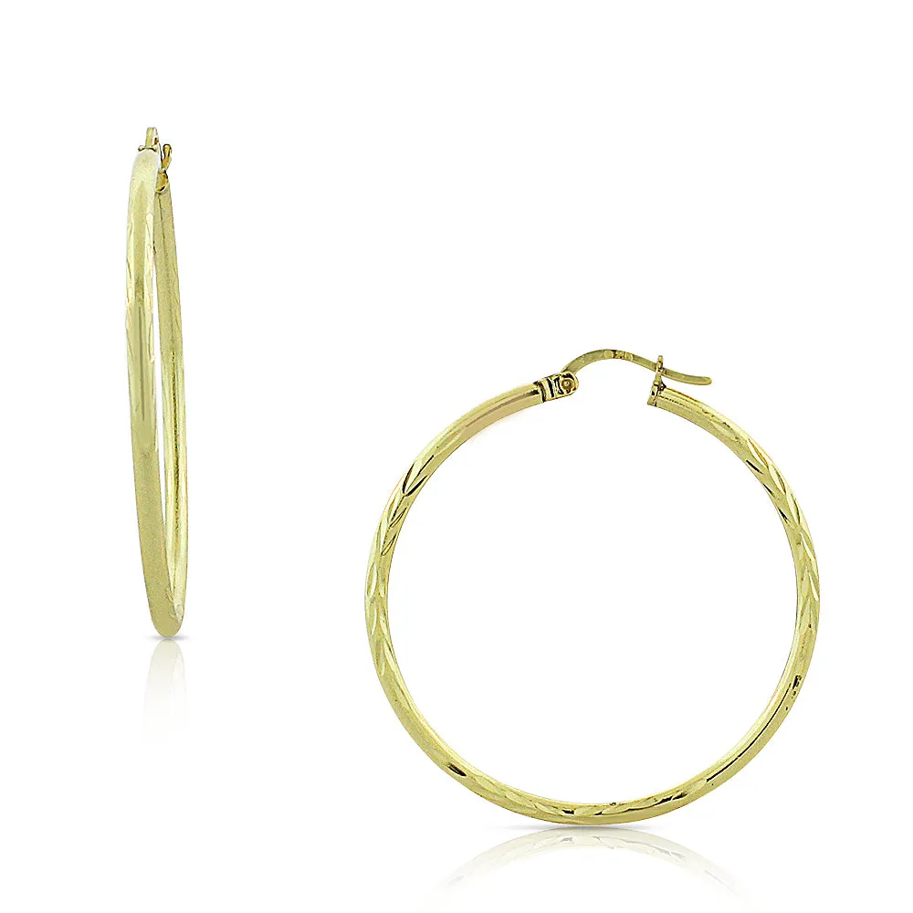 925 Sterling Silver Yellow Gold-Tone Floral Design Round Hoop Earrings, 1.35"