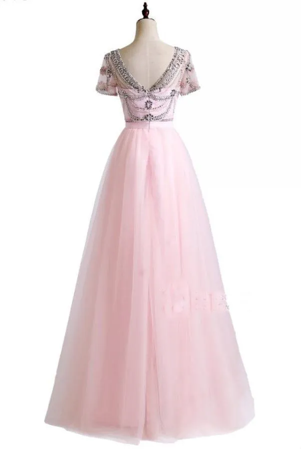 A-line Scoop Neck Floor-Length Tulle Pink Prom Dresses HX0028