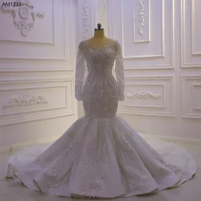 AM1233 Long Sleeve Lace Beads Mermaid Wedding Dress