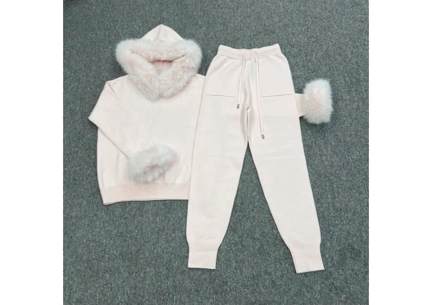 Baby Pink Faux Fur Trim Hood & Cuff Tracksuit