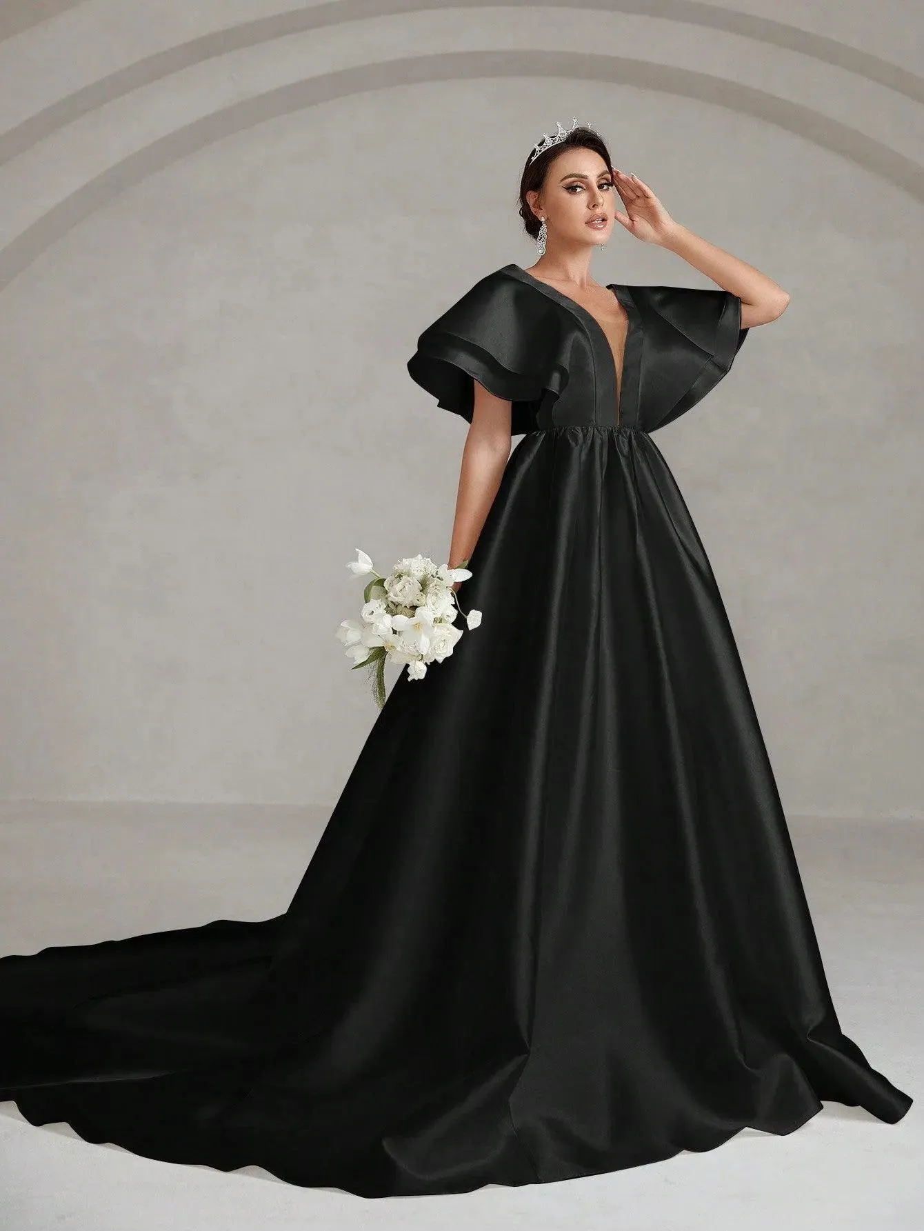 Backless Ruffle Layered Sleeve Wedding Dress
