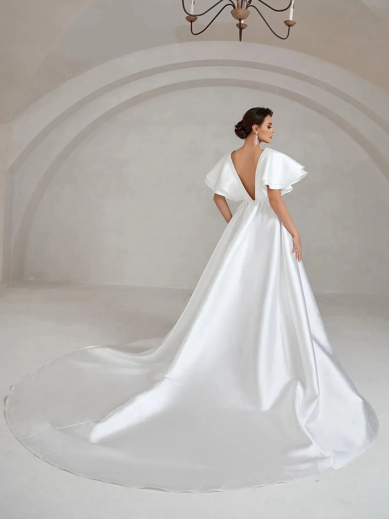 Backless Ruffle Layered Sleeve Wedding Dress