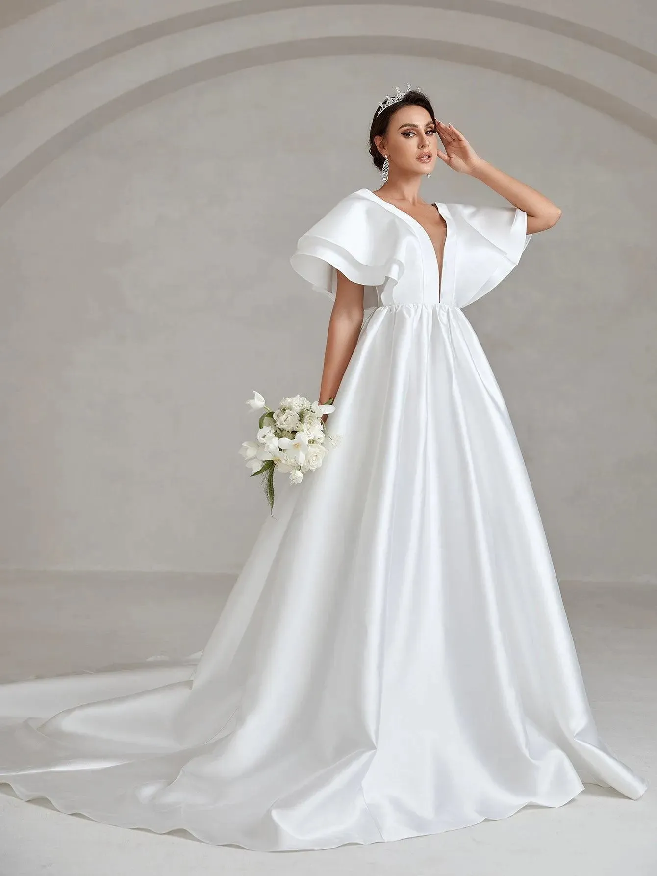 Backless Ruffle Layered Sleeve Wedding Dress