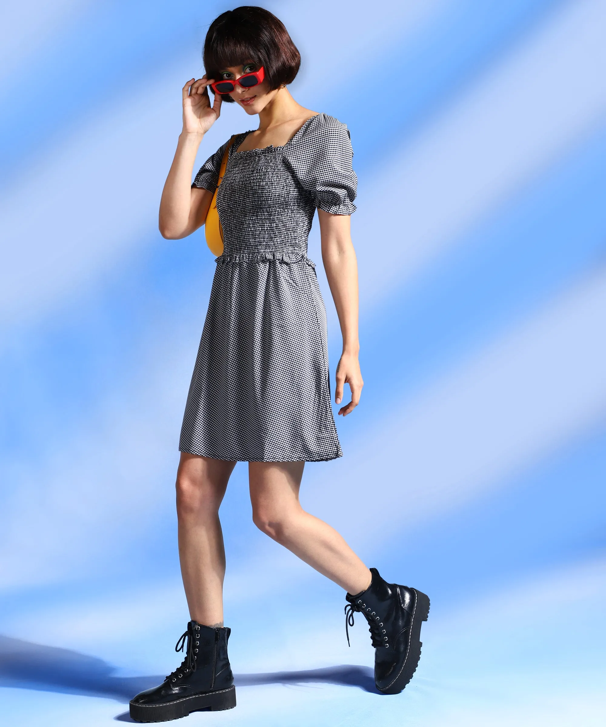 Black Colour Knee Length Checked Dress