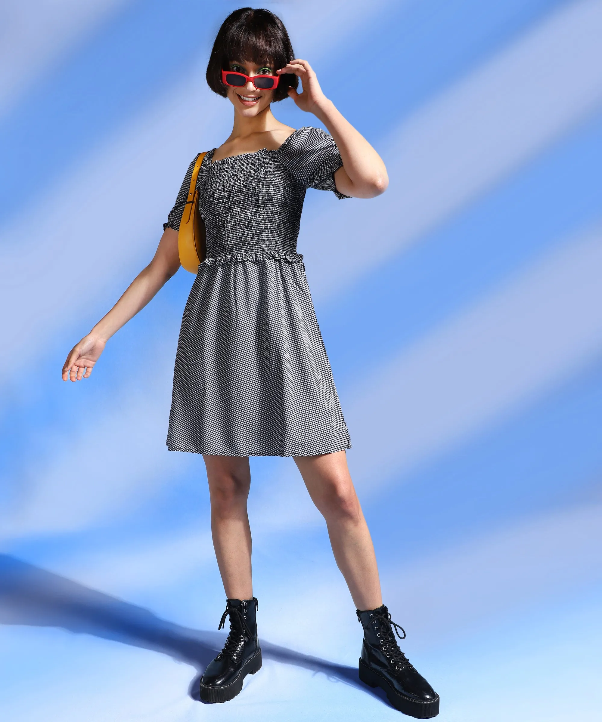 Black Colour Knee Length Checked Dress