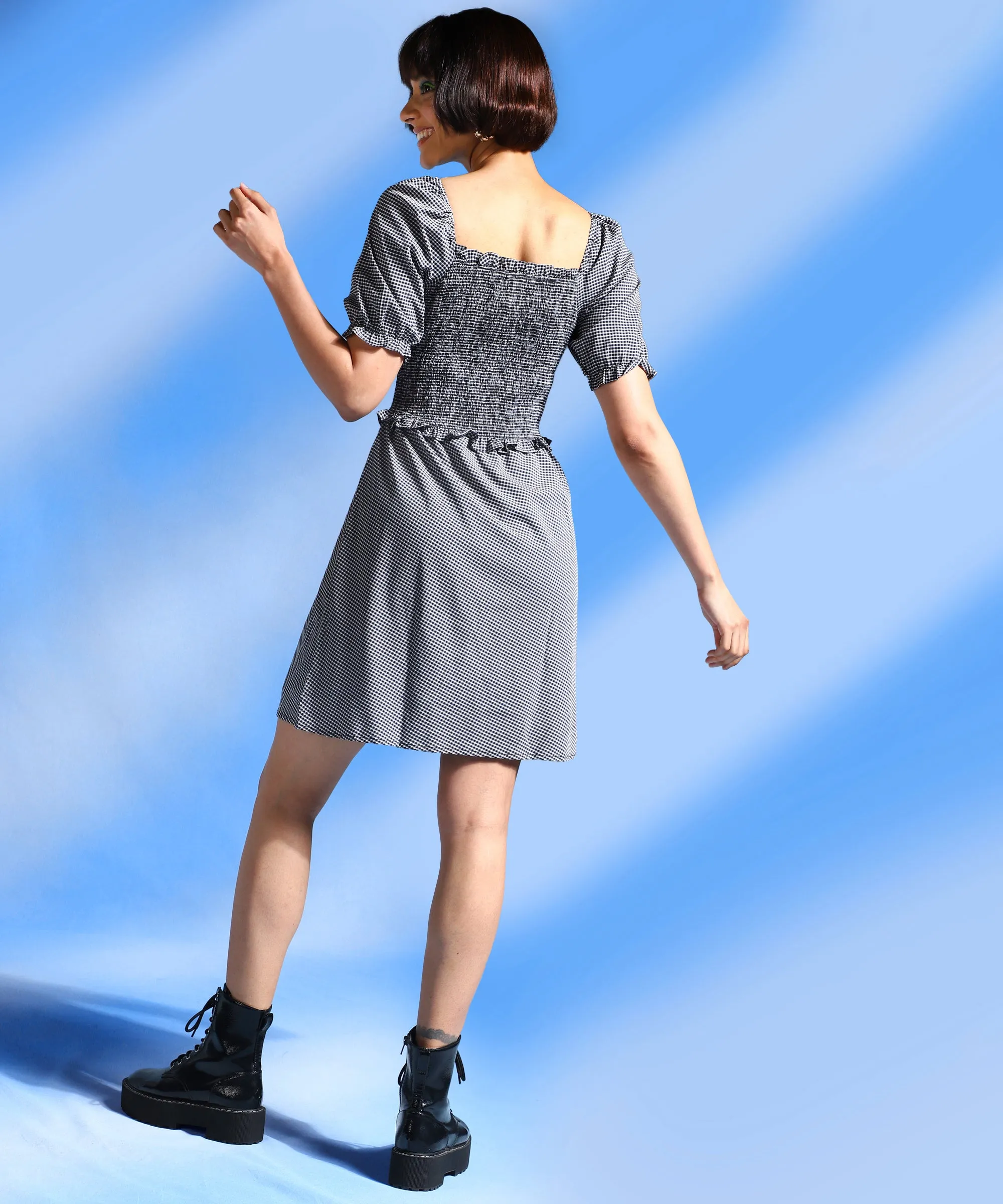 Black Colour Knee Length Checked Dress