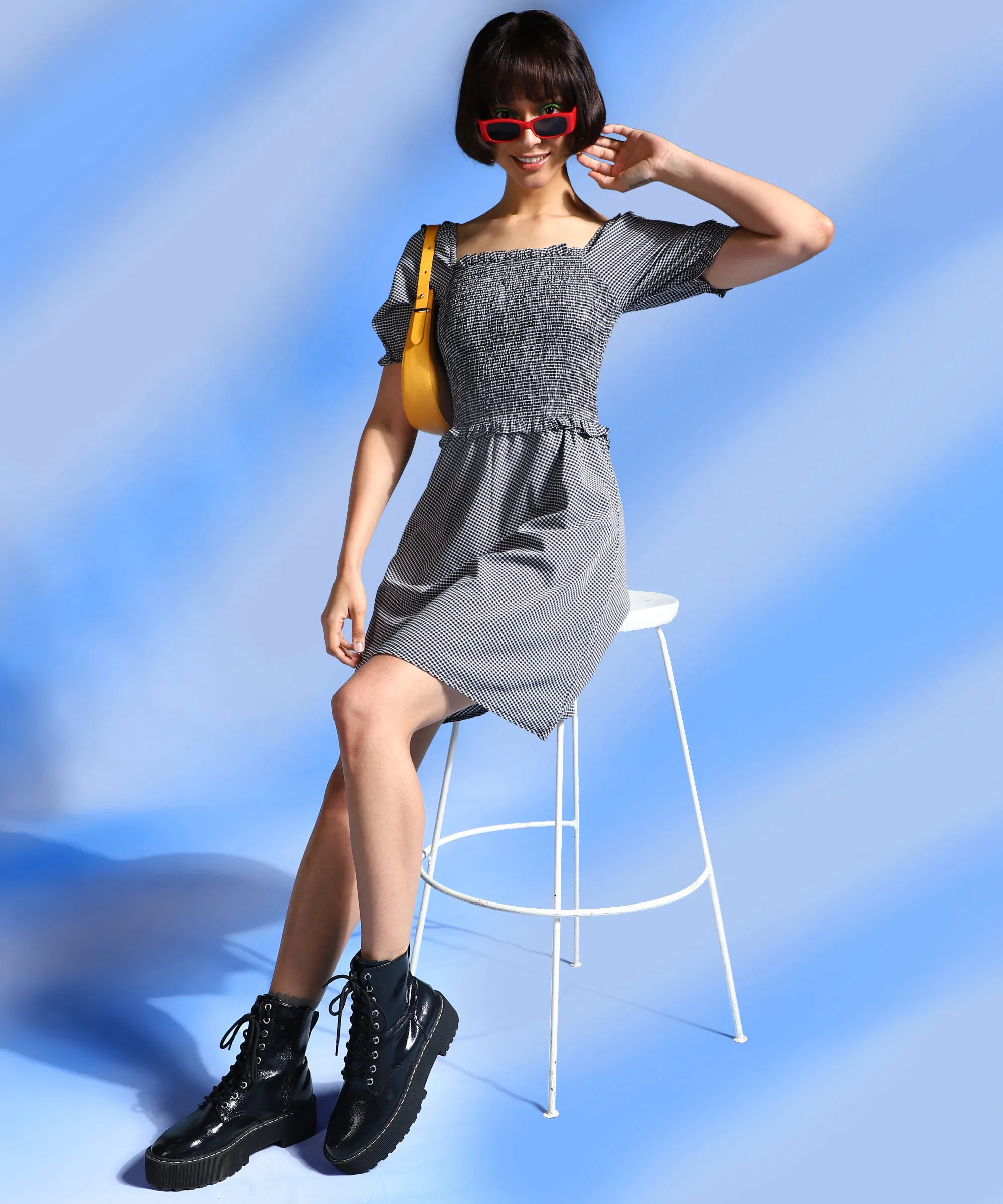 Black Colour Knee Length Checked Dress