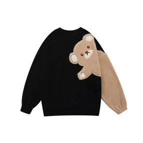 Casual Brown Bear Backside Crewneck Pullover Streetwear Fashion Black Sweatshirt for Men