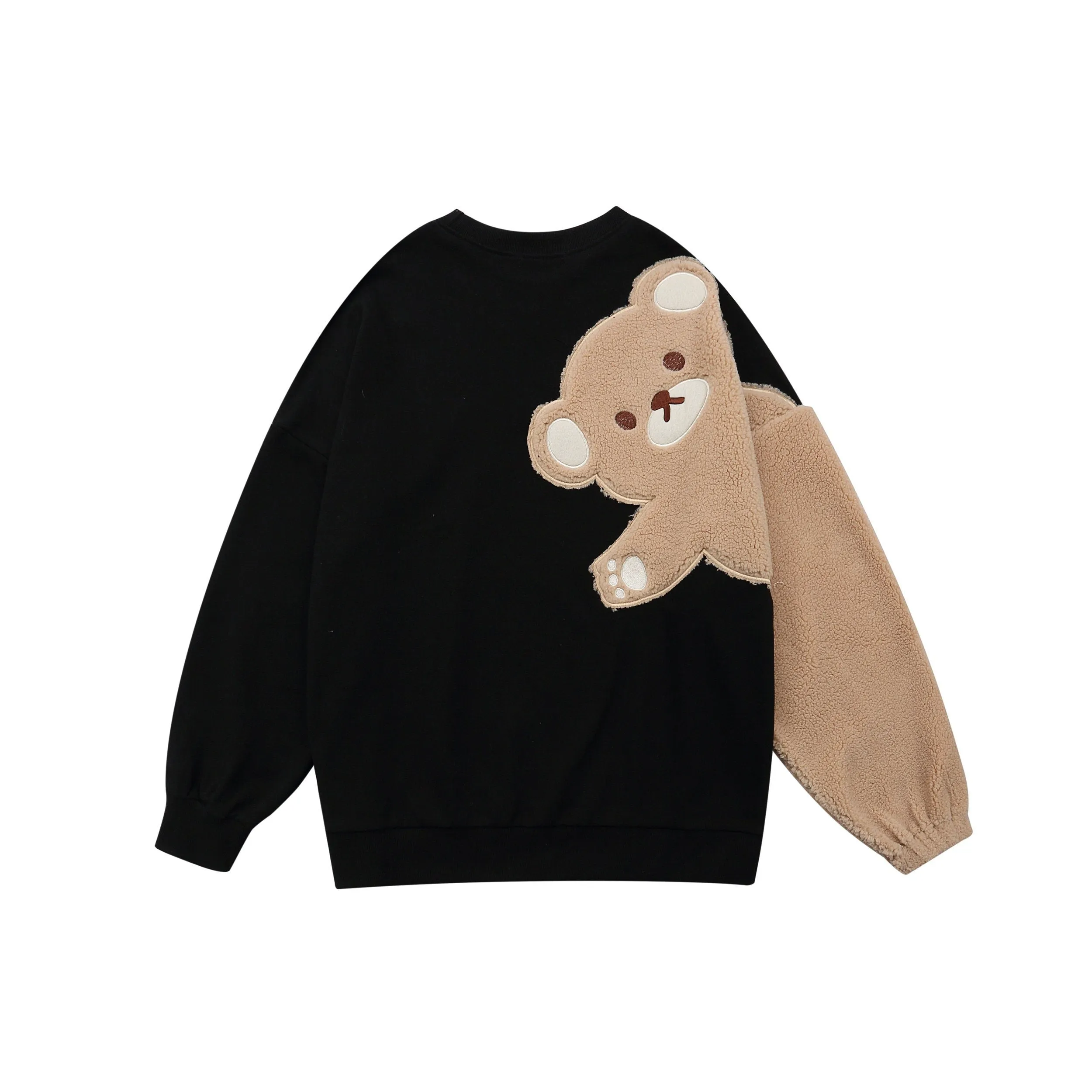 Casual Brown Bear Backside Crewneck Pullover Streetwear Fashion Black Sweatshirt for Men