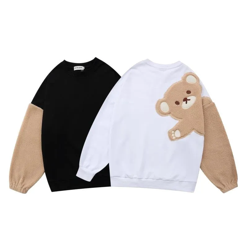 Casual Brown Bear Backside Crewneck Pullover Streetwear Fashion Black Sweatshirt for Men