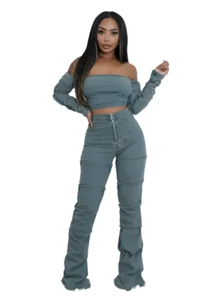 Denim Off The Shoulder Stretch Pant Set