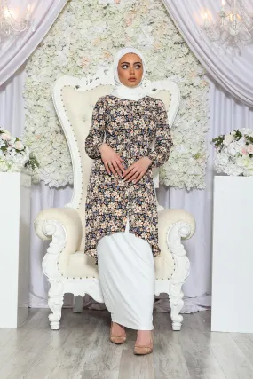 Floral Buttoned-Down Tunic- Black/Cream