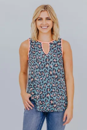 Focused On Me Animal Print Key Hole Tank Top in Blue