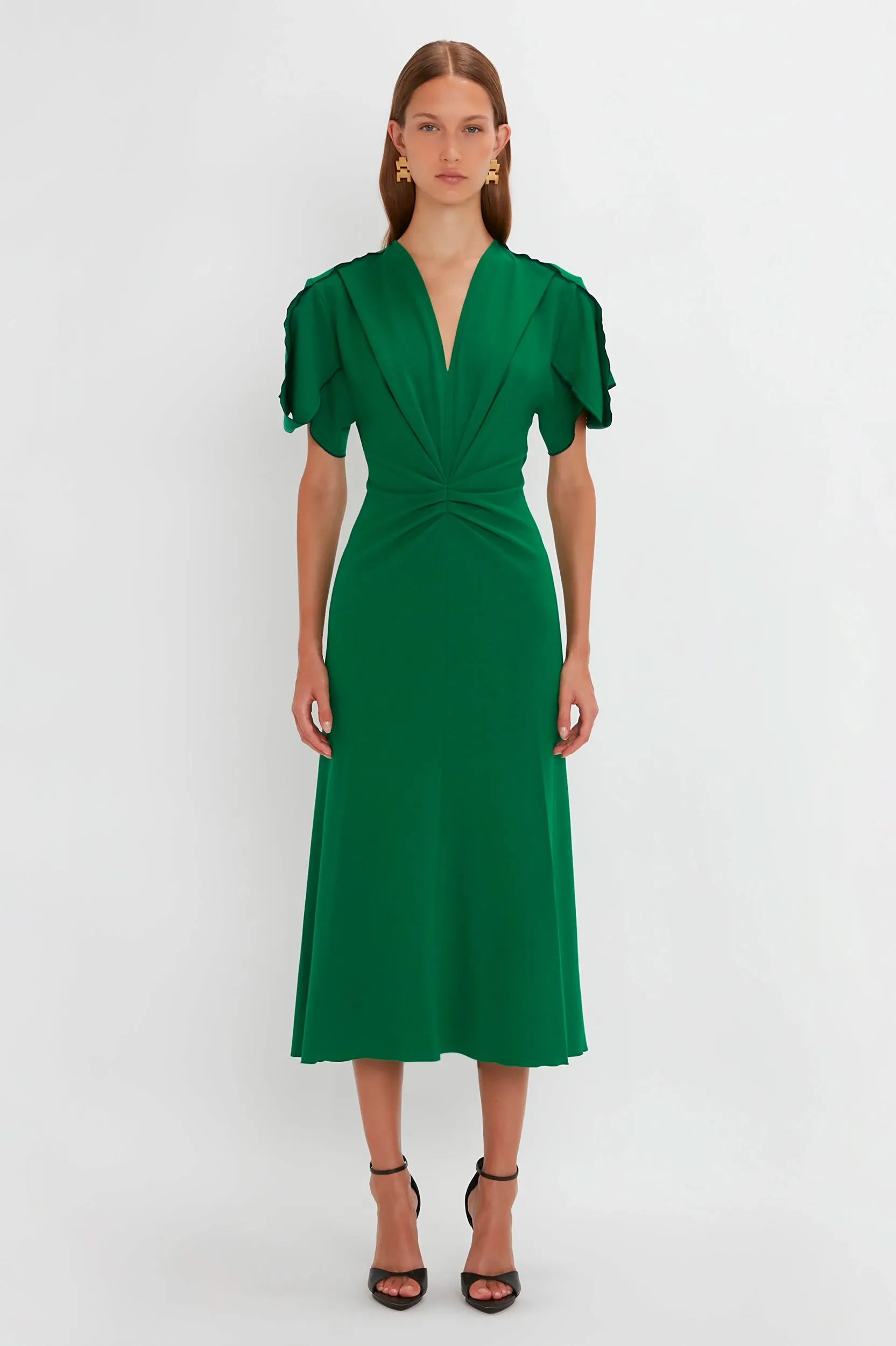 Gathered V-Neck Midi Dress in Viridian