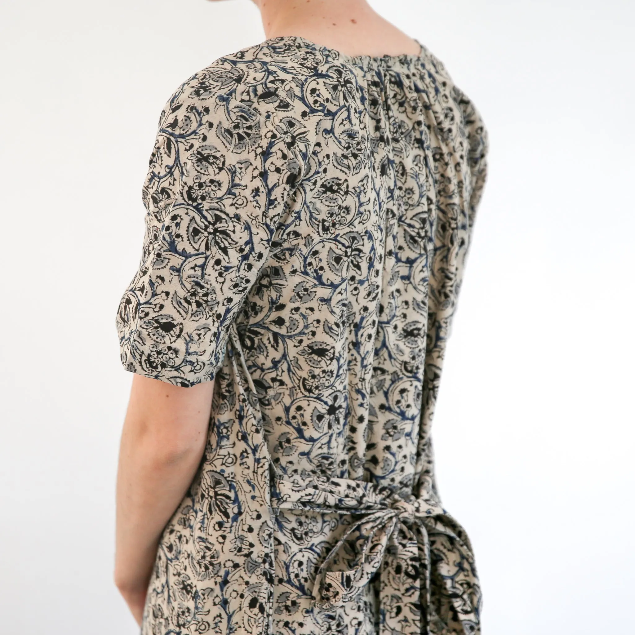 Kalamkari Long Belted Dress - Grey, Indigo, and Black Floral