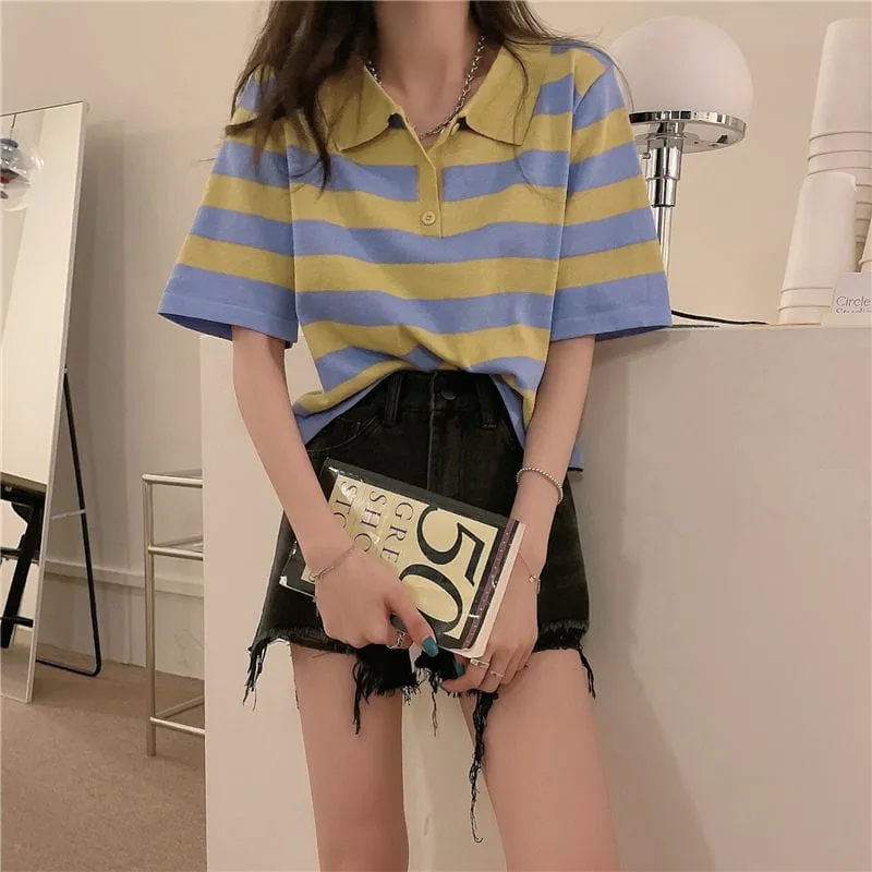 Kawaii Turn-down Collar Striped T-shirt