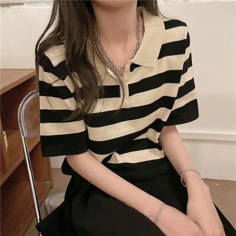 Kawaii Turn-down Collar Striped T-shirt