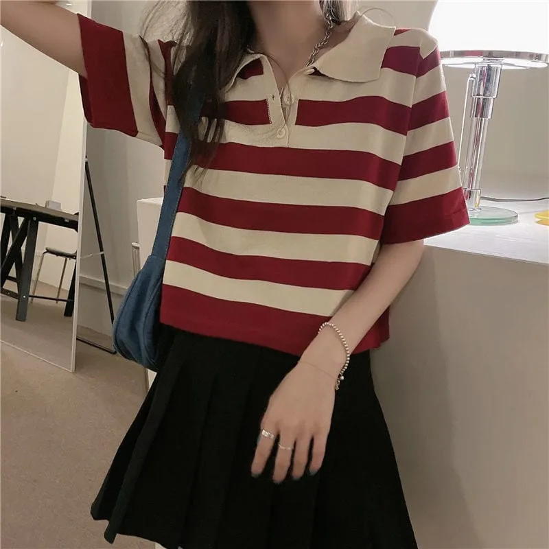 Kawaii Turn-down Collar Striped T-shirt