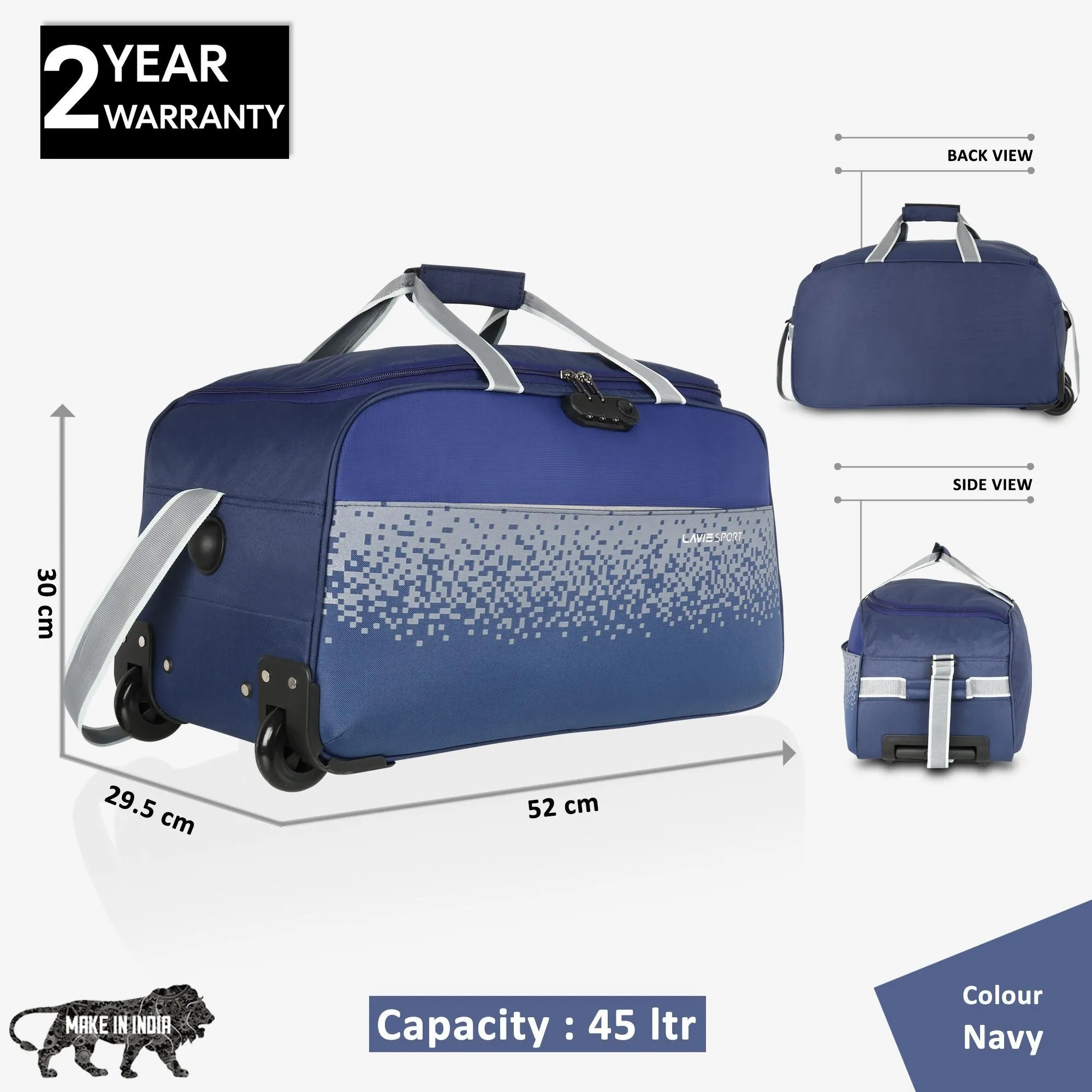 Lavie Sport Cabin Size 45 Litres Pixel Wheel Duffle Bag| | 2 Wheel Duffle Bag Navy