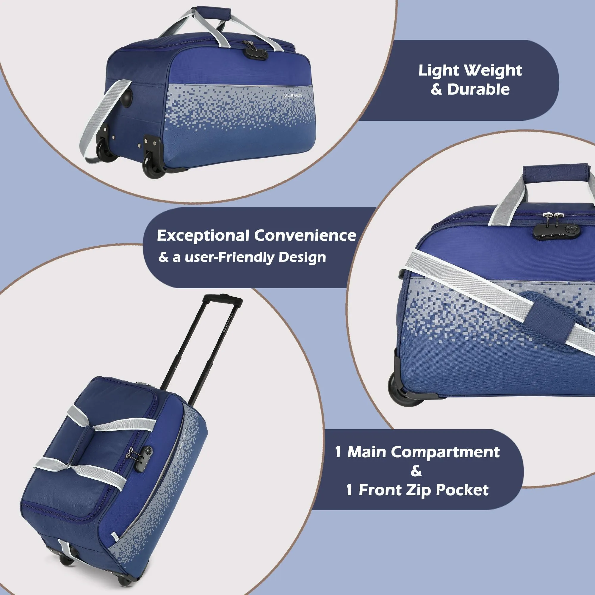Lavie Sport Cabin Size 56 Litre Pixel Wheel Duffle Bag| | 2 Wheel Duffle Bag Navy