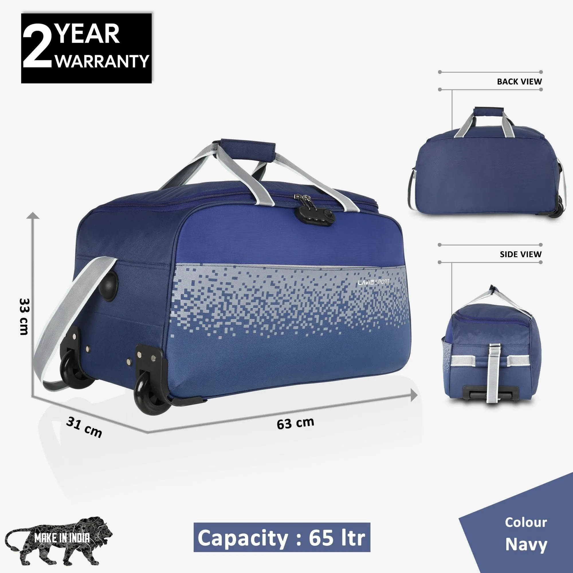 Lavie Sport Cabin Size 56 Litre Pixel Wheel Duffle Bag| | 2 Wheel Duffle Bag Navy