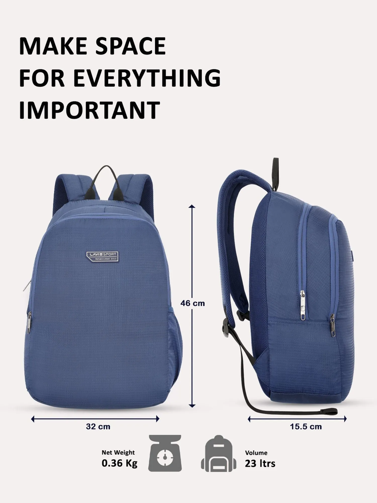 Lavie Sport Eazy 23L Laptop Backpack For Men & Women|Boys & Girls Navy