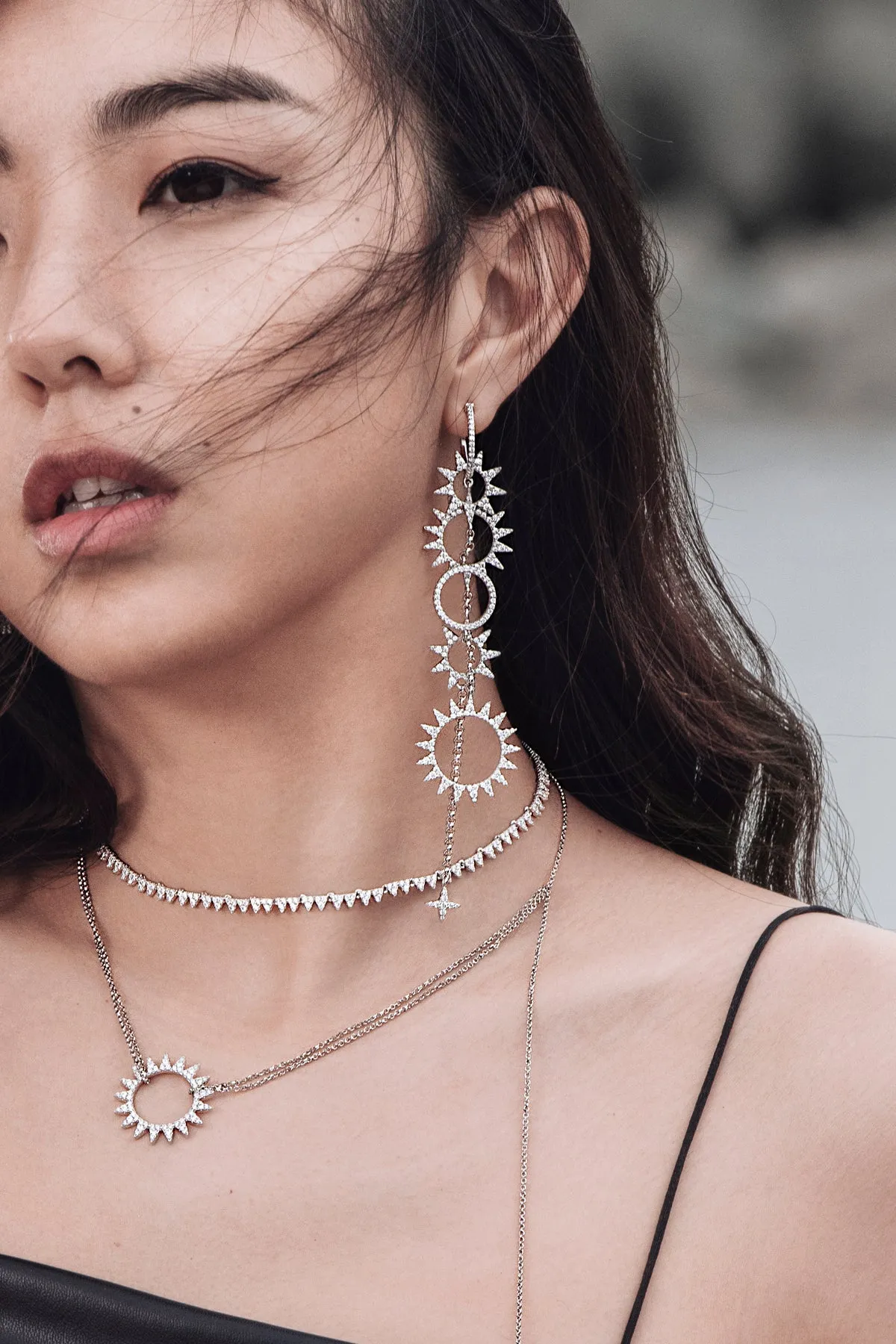 Long Asymmetric Sun Pendant Earring and Hoop - White Silver