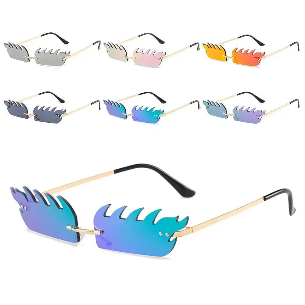 Luxury Fire Flame Sunglasses Women Rimless Wave Sun Glasses Women Men Shades Vintage Women Narrow Eyewear UV400