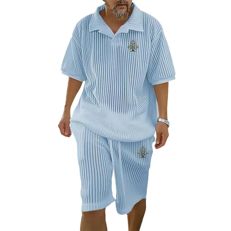 Men's Casual Trendy Lapel Knitted Short-sleeved Suit 40926378YM