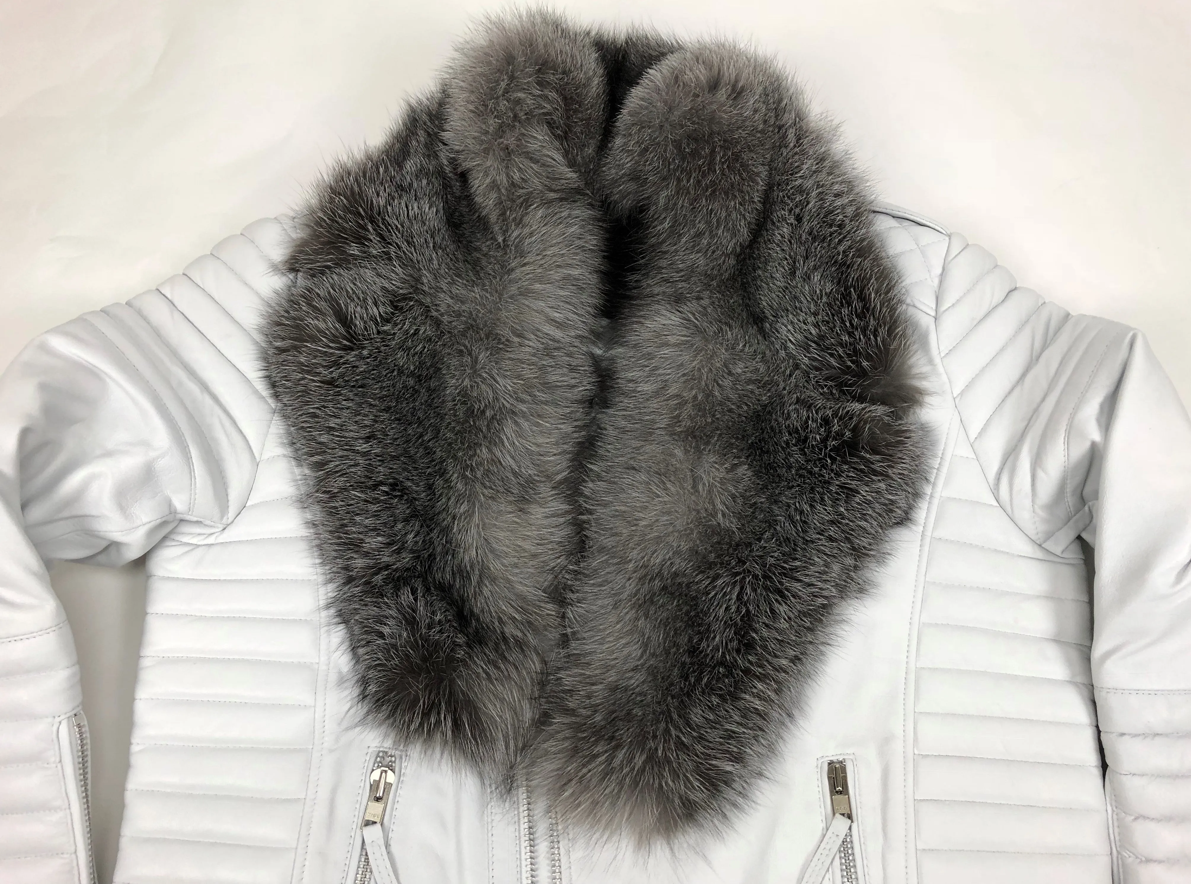 Men's Jay Biker Jacket White With Full Silver Fox Collar