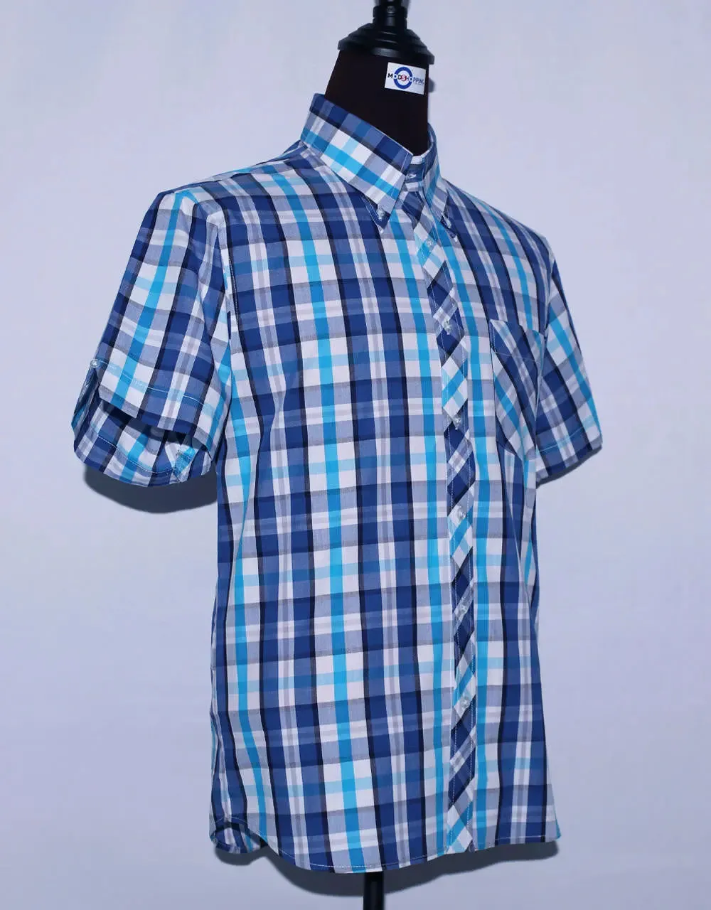 Men's Short Sleeve Blue And Sky Blue Plaid Shirt Size M