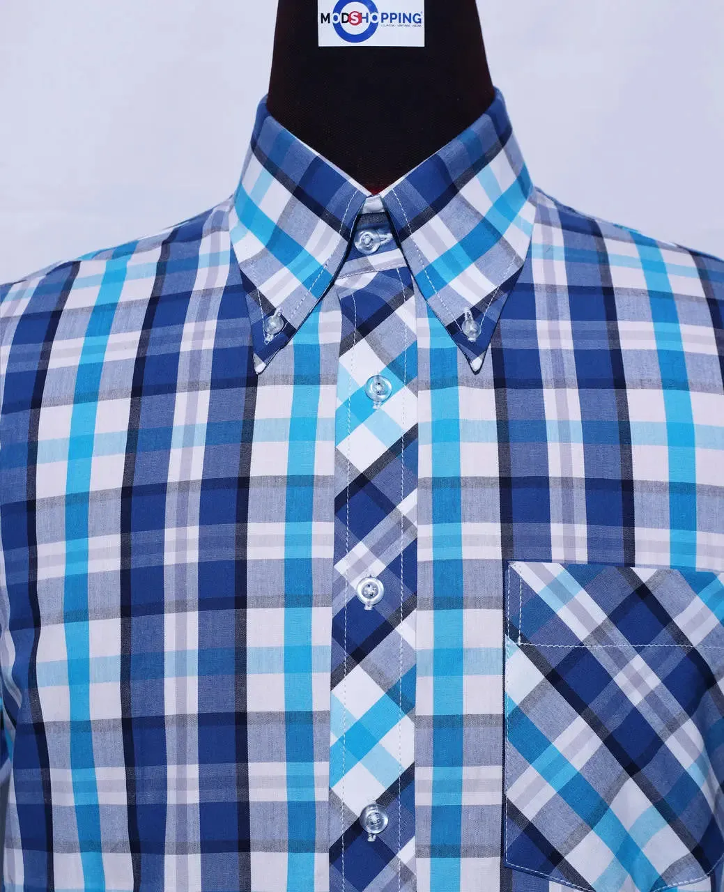 Men's Short Sleeve Blue And Sky Blue Plaid Shirt Size M