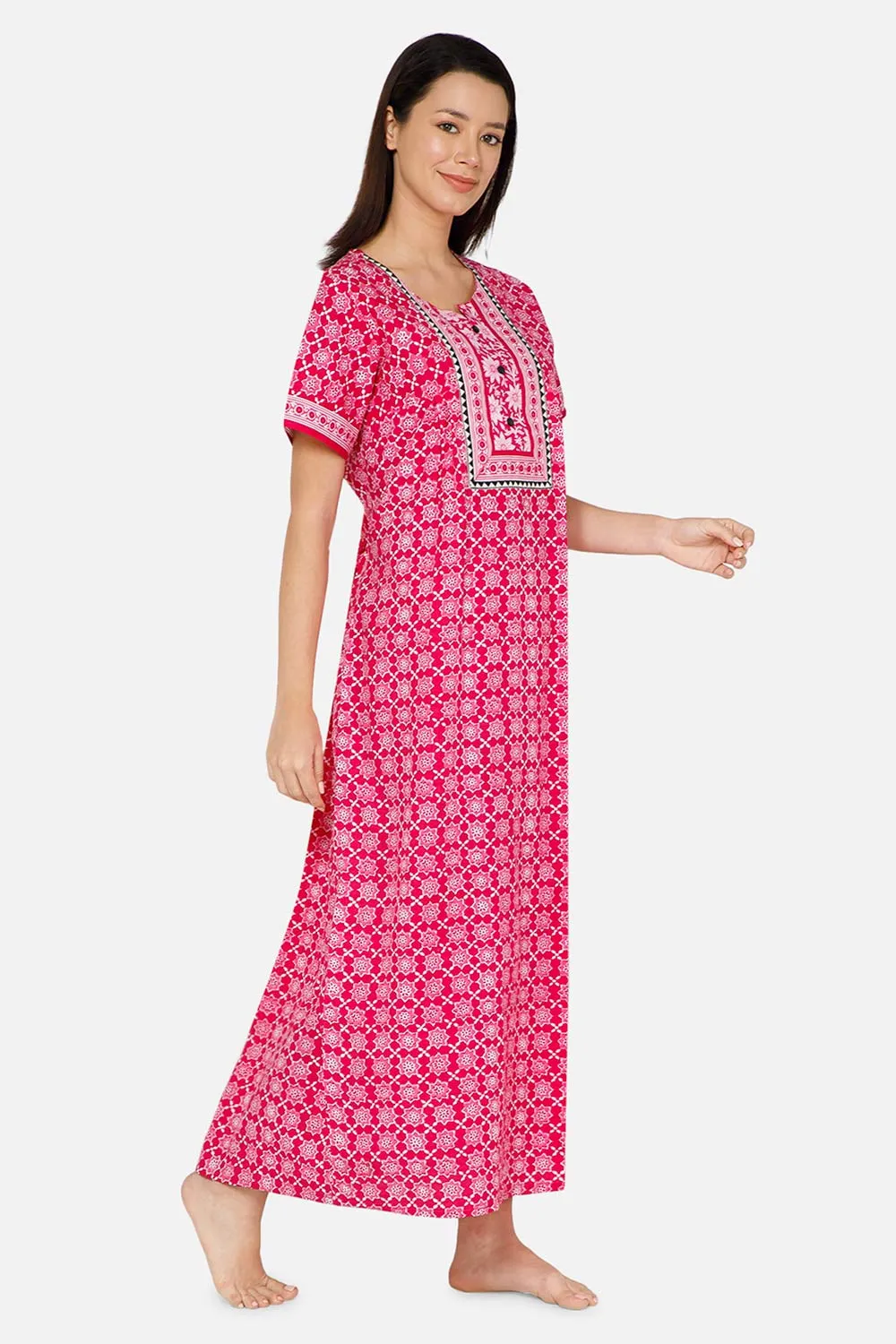 Naidu Hall A-line Women's Nighty Full Length Half Sleeve  - Pink - R136