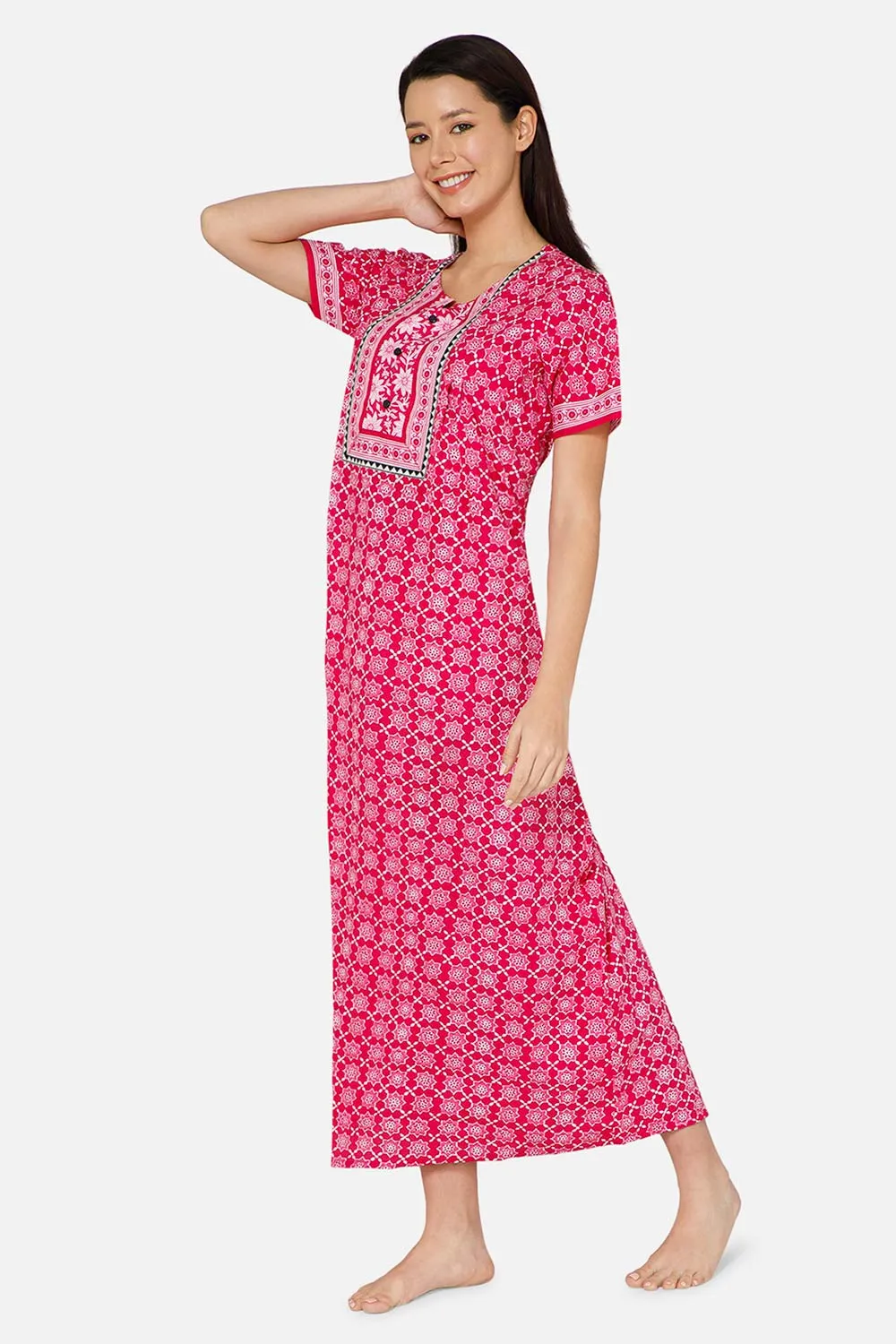 Naidu Hall A-line Women's Nighty Full Length Half Sleeve  - Pink - R136