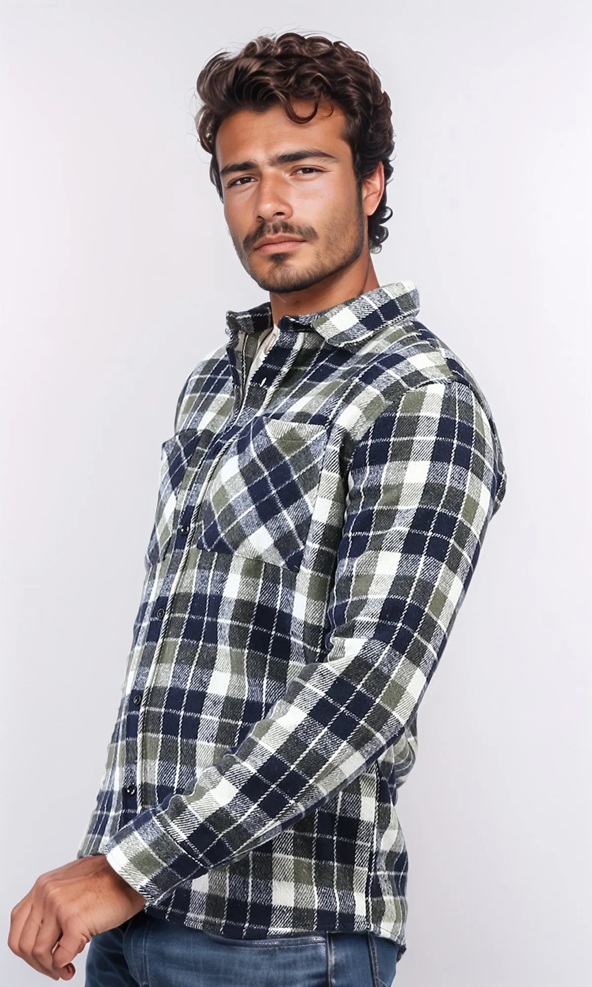 o200607 - Full Buttoned Plaids Heavy Winter Shirt - Olive & Navy