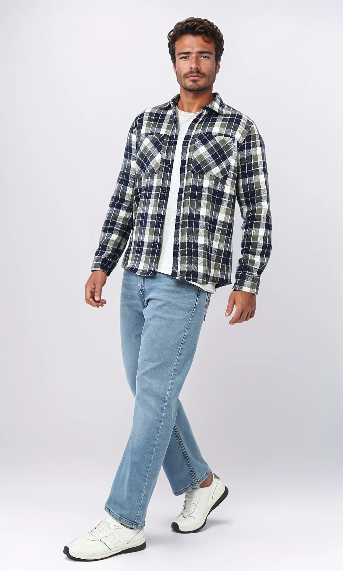 o200607 - Full Buttoned Plaids Heavy Winter Shirt - Olive & Navy