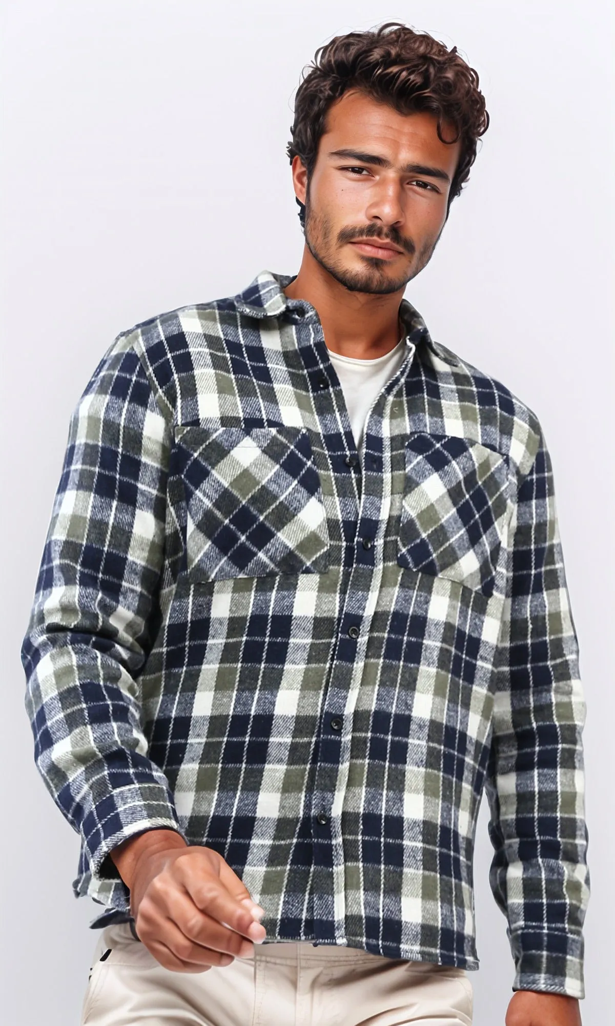 o200607 - Full Buttoned Plaids Heavy Winter Shirt - Olive & Navy