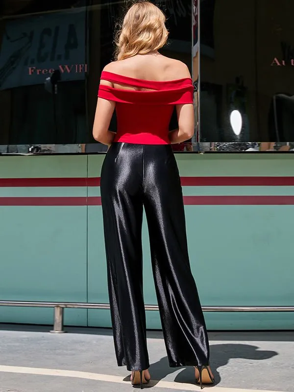 Pants Casual Loose Straight Leg Button Shiny Pants for Women