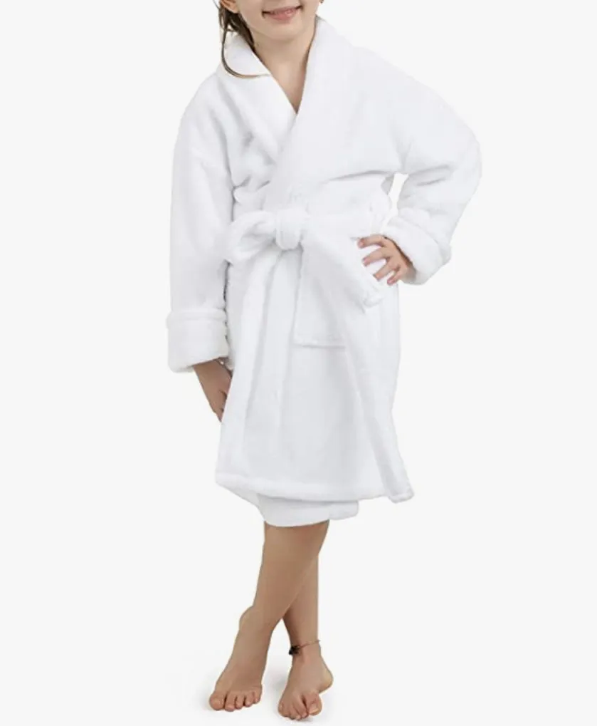 Plush toddler and youth size shawl collar bathrobe
