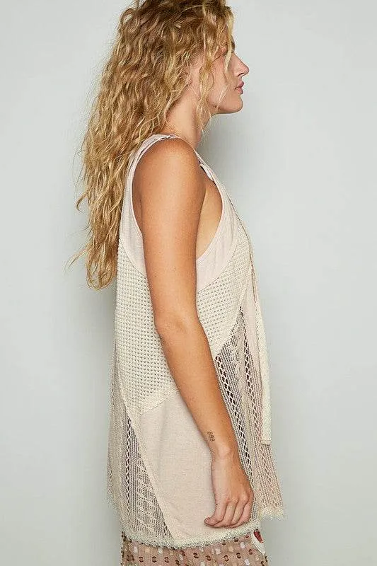 POL Lace Up Crochet Lace Tank