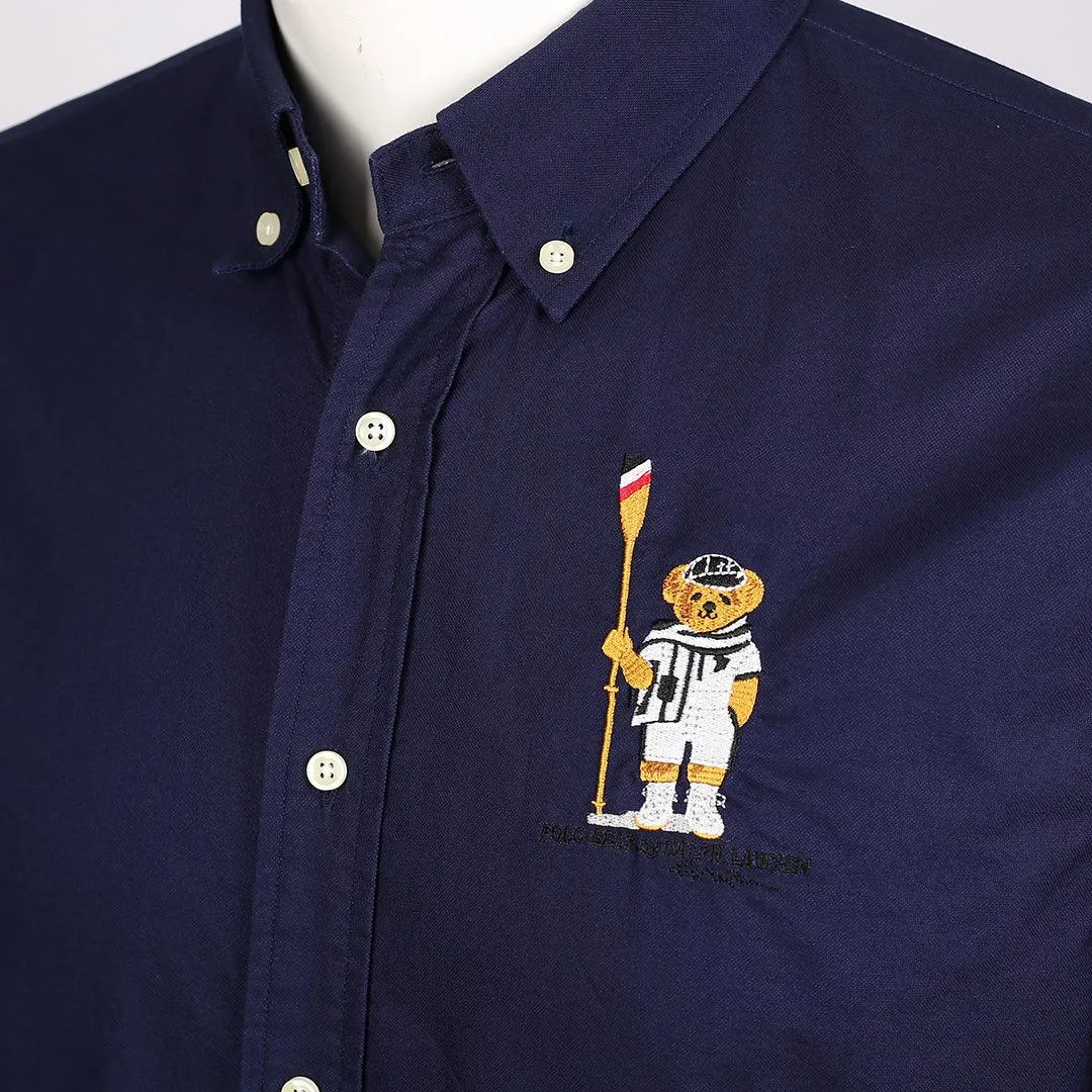 PRL Men's Cotton Bear Logo Embroidered  Button Down Shirt - Blue