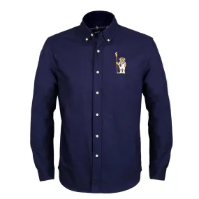 PRL Men's Cotton Bear Logo Embroidered  Button Down Shirt - Blue
