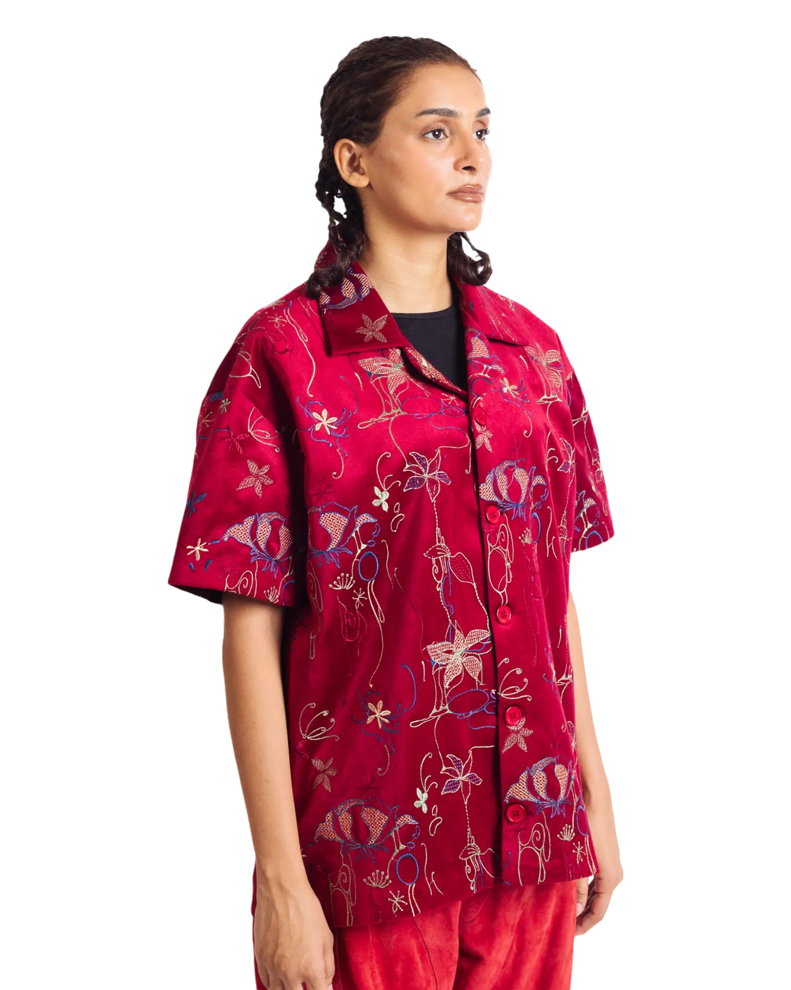 "STUDY IN SCARLET" VELVET BUTTON DOWN