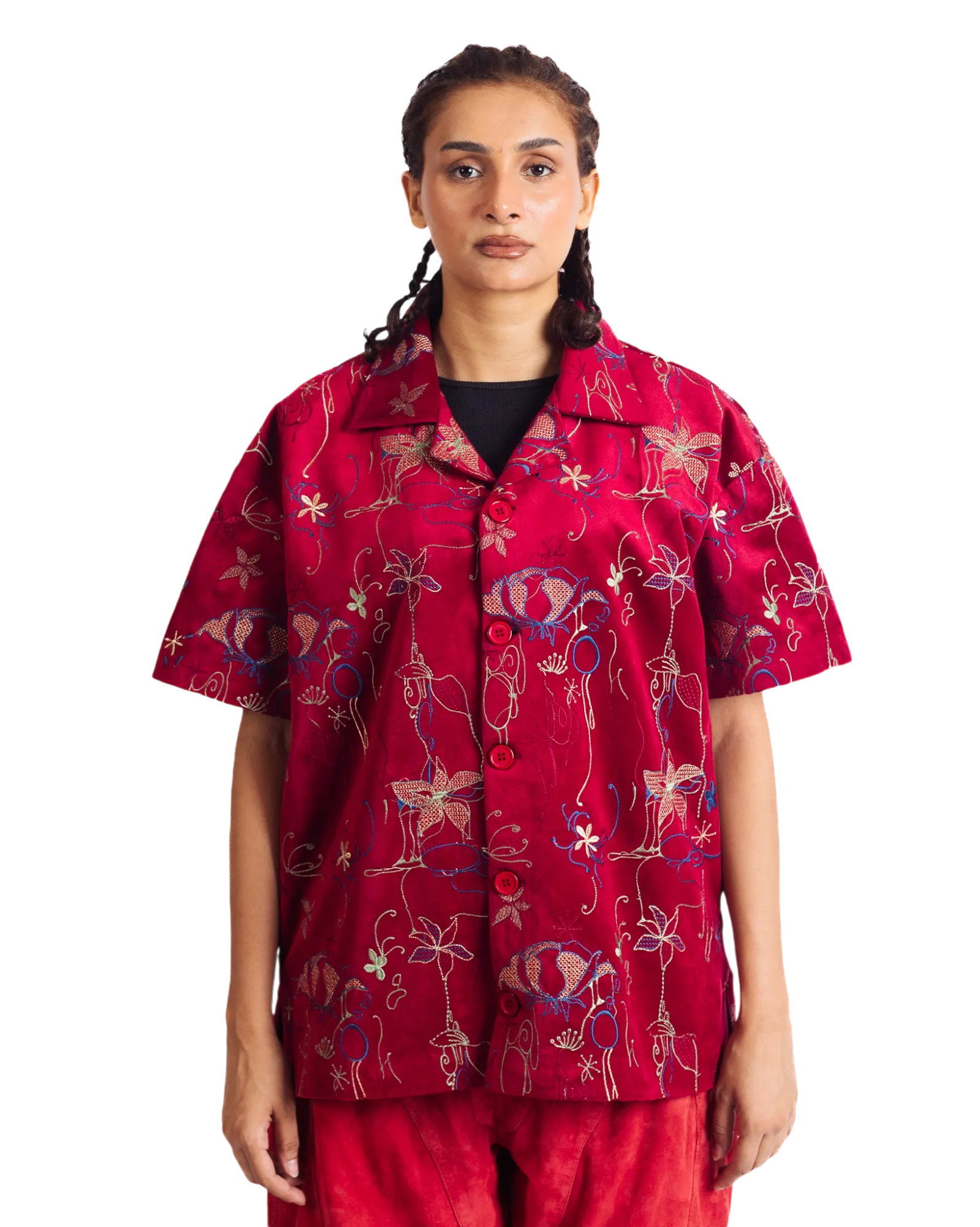 "STUDY IN SCARLET" VELVET BUTTON DOWN