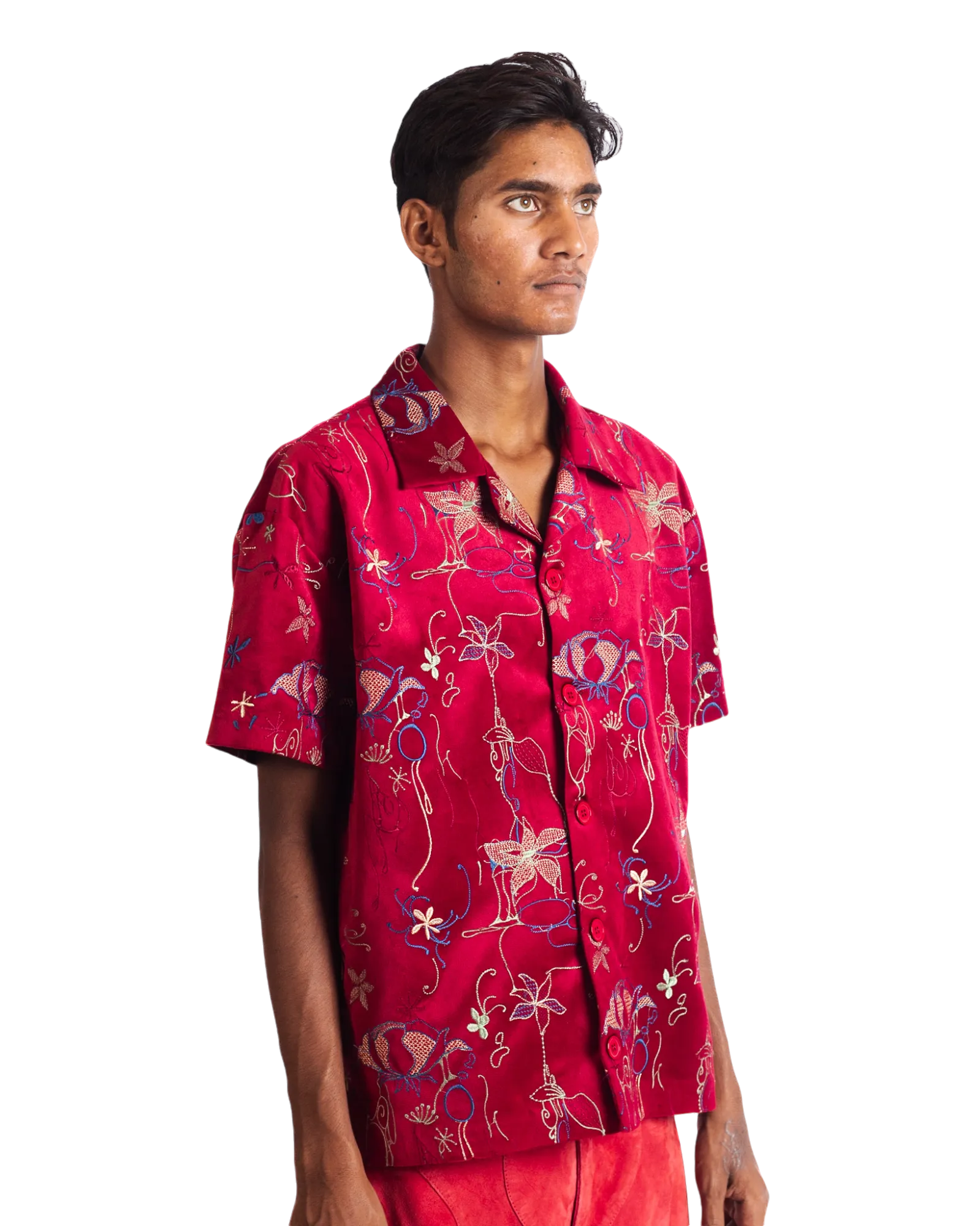 "STUDY IN SCARLET" VELVET BUTTON DOWN