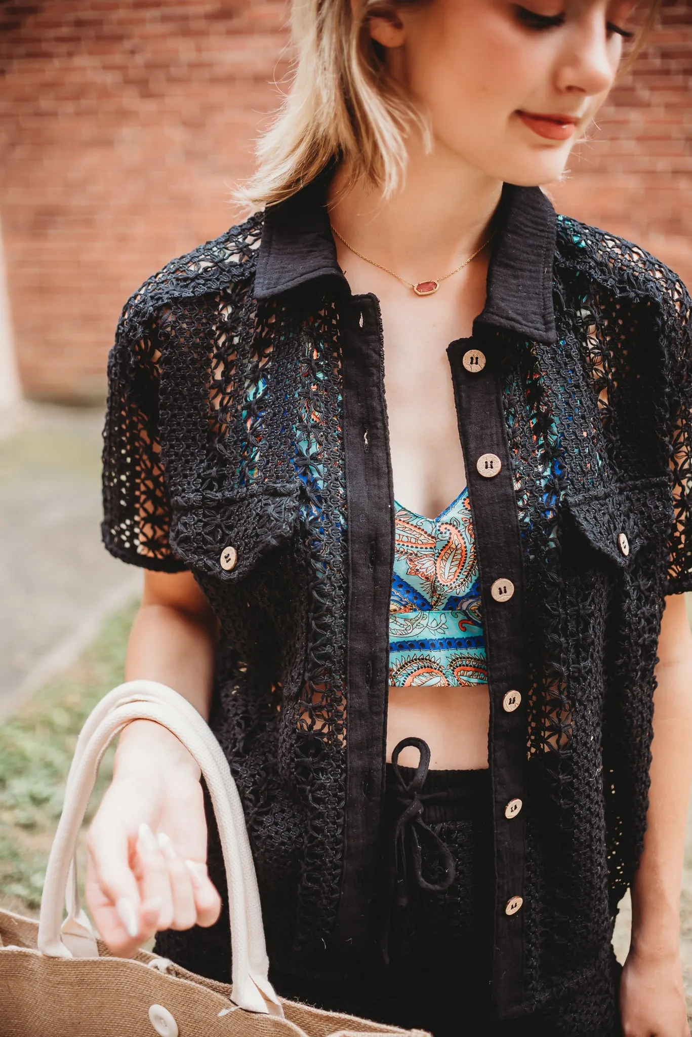 SHEER CROCHET KNIT BUTTON DOWN SHIRT