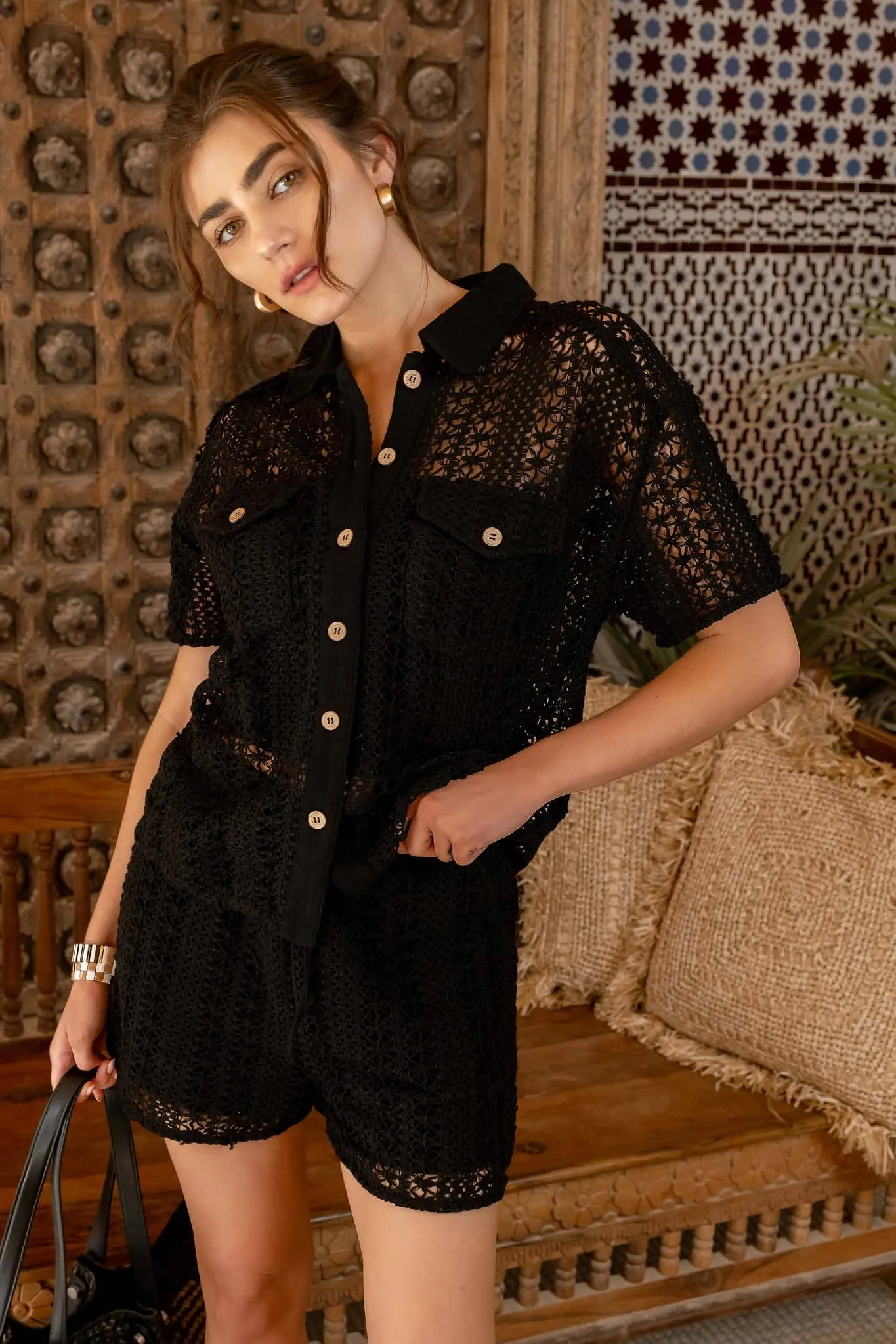 SHEER CROCHET KNIT BUTTON DOWN SHIRT